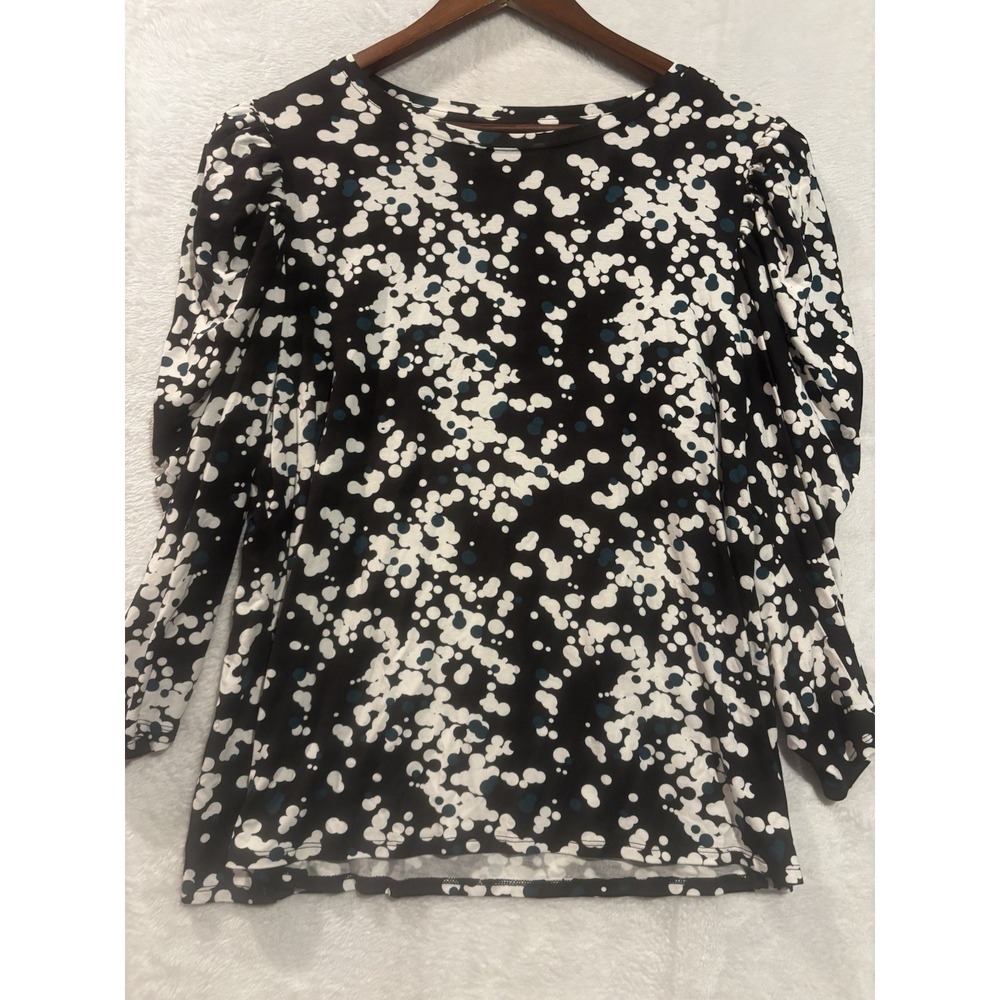 Chico's Blouse Woman's L Top Black & White Green Dots‎ Long Sleeve Chico Size 2